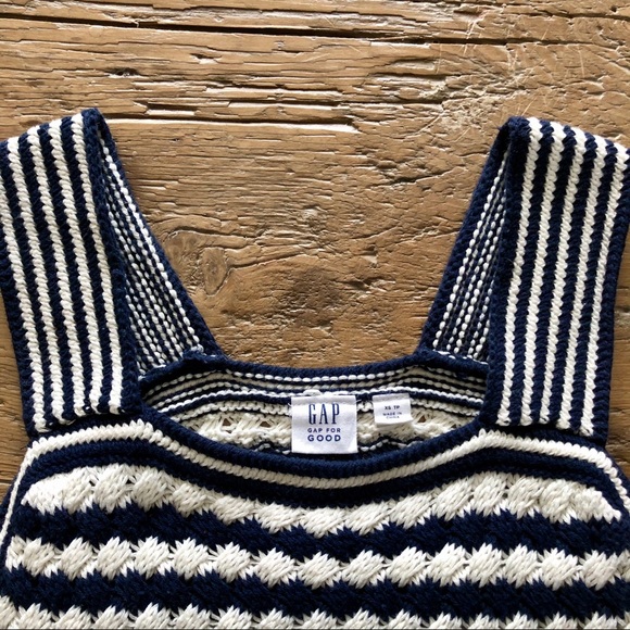 GAP Retro Crochet Knit Striped Tank Top Vest Navy & White - Picture 2 of 3
